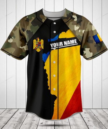 Customizable Camo Baseball Jersey With Romania Flag Design - Personalized Sportswear