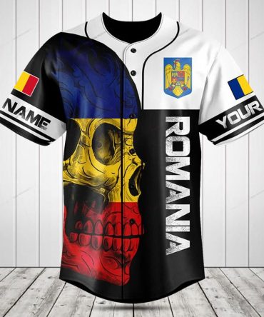 Customizable Romania Flag Skull Baseball Jersey - Unique Design & Personalization