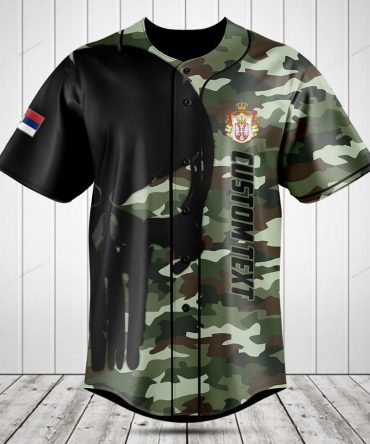 Custom Camouflage Baseball Jersey With Flag & Crest - Personalized Text, Perfect Gift!