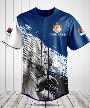 Customizable Eagle Design Baseball Jersey - Unique Blue & White Sportswear With Flag Accents