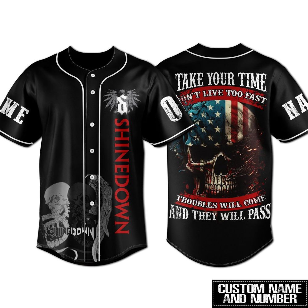 Custom Shinedown Baseball Jersey - Personalized Name & Number, Skull & Flag Design