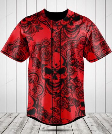 Men'S Red Skull & Roses Graphic Baseball Jersey - Bold & Stylish Casual Wear