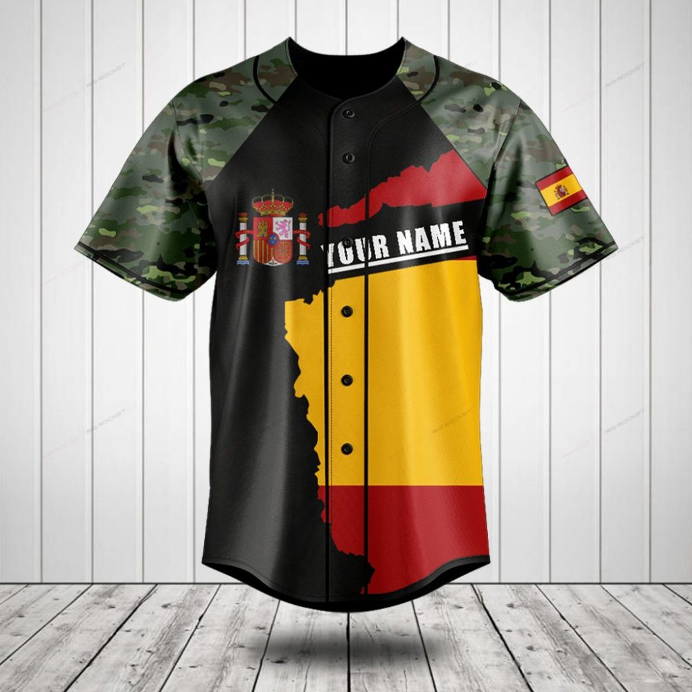 Customizable Spanish Flag Camouflage Baseball Jersey - Personalized Sportswear Gift