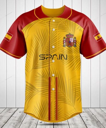 Spain Baseball Jersey - Stylish Red & Yellow Team Shirt With Palm Leaf Design