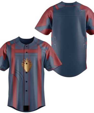Stylish Blue & Red Baseball Jersey With Gold Emblem – Perfect For Fans & Casual Wear