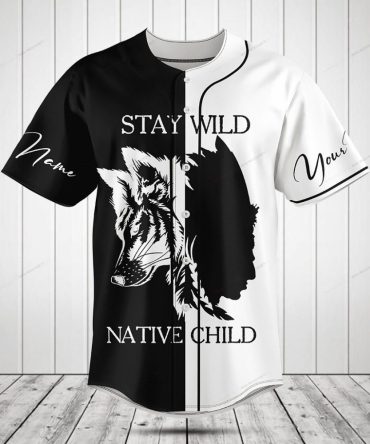 Custom Black & White Baseball Jersey - Stay Wild Native Child Wolf Design