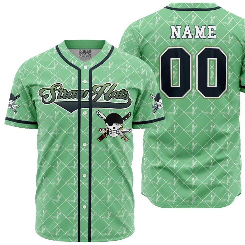 Customizable Green Baseball Jersey - Straw Hat Pirate Theme - Perfect For Anime Fans!