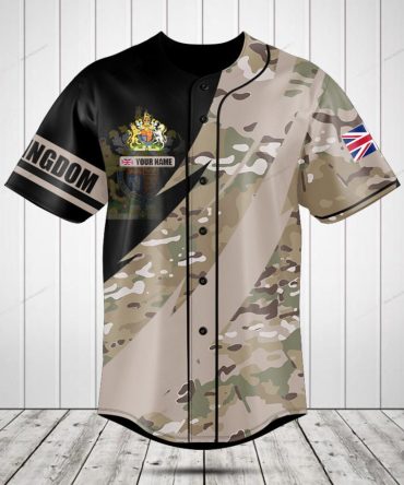 Custom Camo Baseball Jersey With Uk Flag - Personalized Name & Crest Design