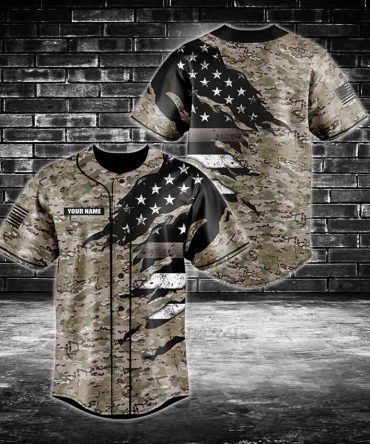 Custom Camo Baseball Jersey With American Flag Design – Personalized Sportswear Gift