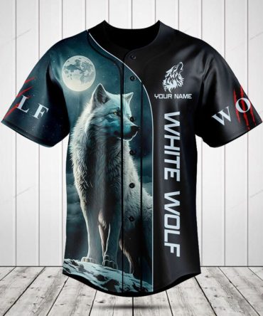 Custom White Wolf Baseball Jersey – Moonlit Design, Personalized Name, Perfect Gift!