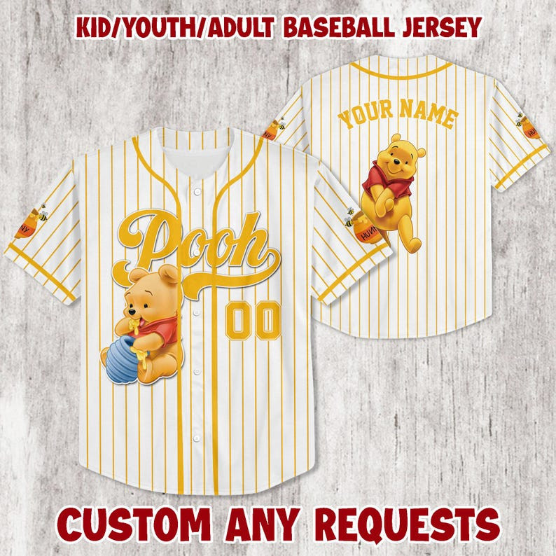 Customizable Pooh Baseball Jersey For Kids, Youth & Adults - Add Your Name!