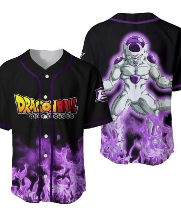 Dragon Ball Anime Baseball Jersey – Frieza Design, Black & Purple Flames, Unisex