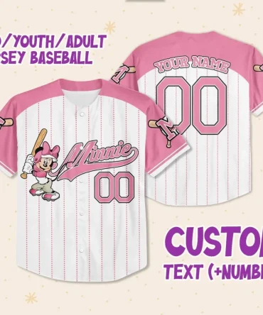 Customizable Pink Baseball Jersey - Minnie Mouse Design For Kids, Youth & Adults - Add Name & Number!