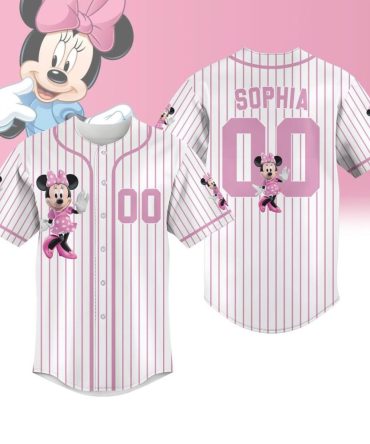 Custom Minnie Mouse Pink Striped Baseball Jersey – Personalized Kids Gift