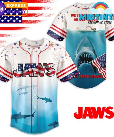Patriotic Jaws Baseball Jersey - 4Th Of July Shark Design Tee , Fast Shipping!