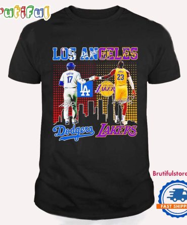 Los Angeles Dodgers Ohtani And Los Angeles Lakers James Skyline Signatures T Shirt