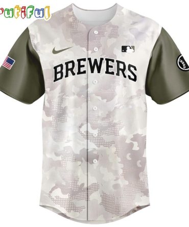 Brewers Camo Baseball Jersey - Stylish Military Edition With Usa Flag Patch - Perfect For Fans!