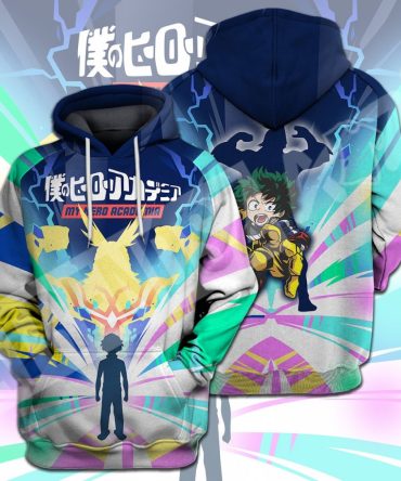 My Hero Academia T-Shirt All Might Silhouette Midoriya Izuku My Hero Academia Logo Green Blue T-Shirt Hoodie