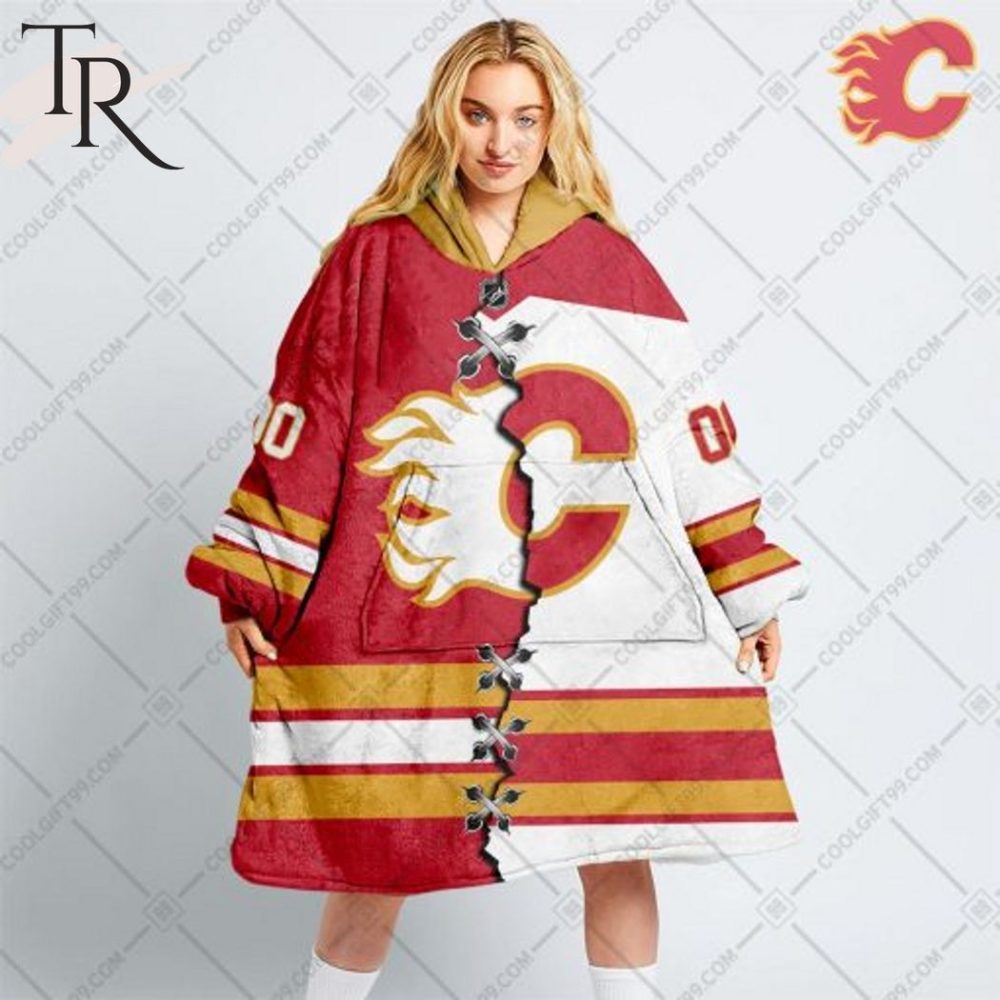 Personalized Nhl Calgary Flames Mix Jersey Blanket Hoodie - Image 6
