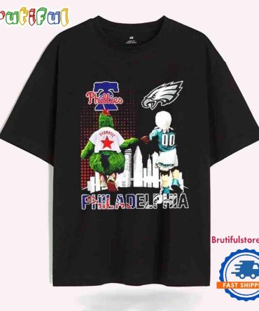 Philadelphia Phillies And Philadelphia Eagles Mascot City Skyline T-Shirt