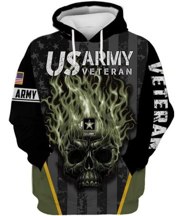 Military Veteran Hoodie American Flag Skull Fire Us Army Adult Hoodie