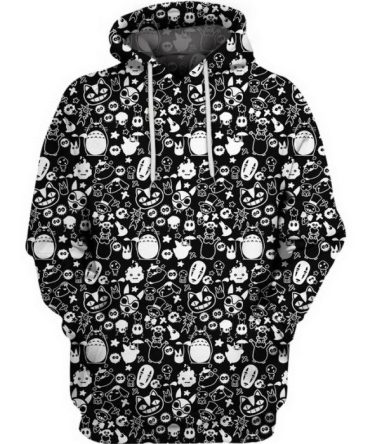 Sghibli Hoodie Studio Ghibli Characters Items Pattern Hoodie Black White Unisex