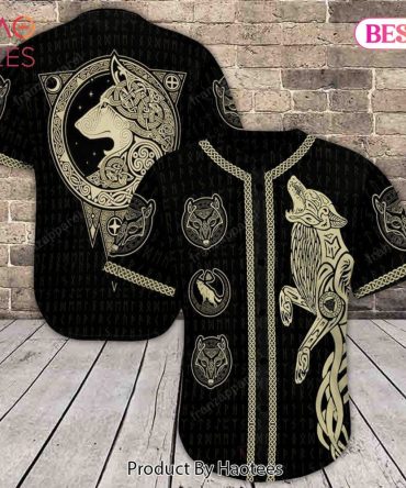 Men'S Viking Wolf Baseball Jersey - Norse Mythology Print, Black & Gold, Short Sleeve Shirt