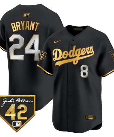 Mlb Kobe Bryant Mens Los Angeles Dodgers 2024 Jackie Robinson Patch Vapor Premier Limited Black Gold Jersey
