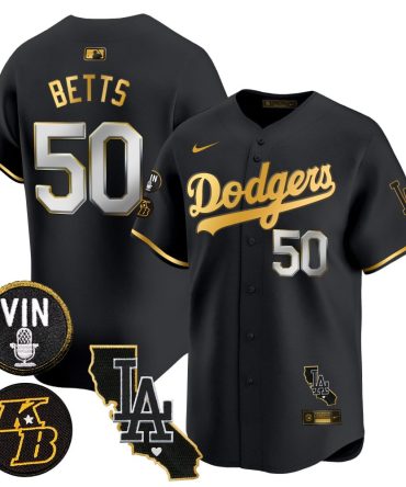 Mlb Mookie Betts Mens Los Angeles Dodgers Vin Kobe Patch Gold Trim Vapor Premier Limited V2 Black Gold Jersey