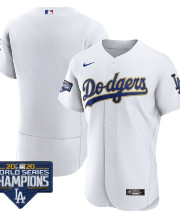 Mlb Team Mens Los Angeles Dodgers World Series Champions Patch Flex Base Gold Trim White Jersey