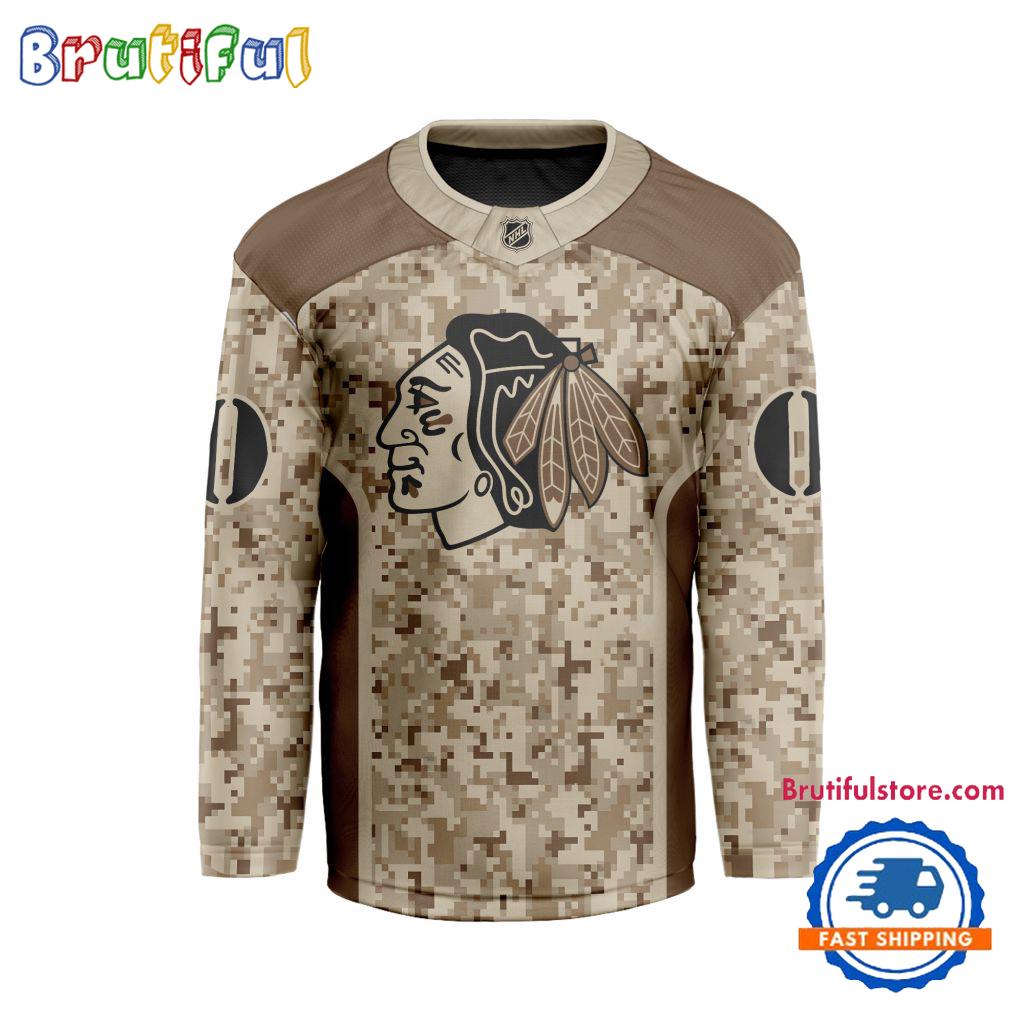 Nhl Chicago Blackhawks Special Veterans Military Desert Camouflage Design Hockey Jersey